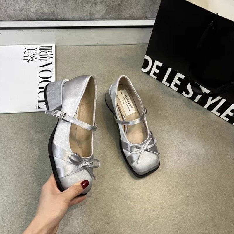 2025 Summer New One-word Mary Jane Shoes Women's New Bow Square Head Satin Thick Heel Mary Jane Shoes