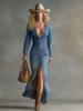 Elegantes europäisches & amerikanisches Damen-Denimkleid mit langen Ärmeln und V-Ausschnitt