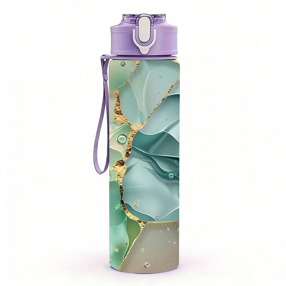 1PC Mint Green Gold Geode Marble Pattern 750ml Color Plastic Sports Water Bottle Leakproof Flip Straw Lid Suitable for Sports Office Home Use