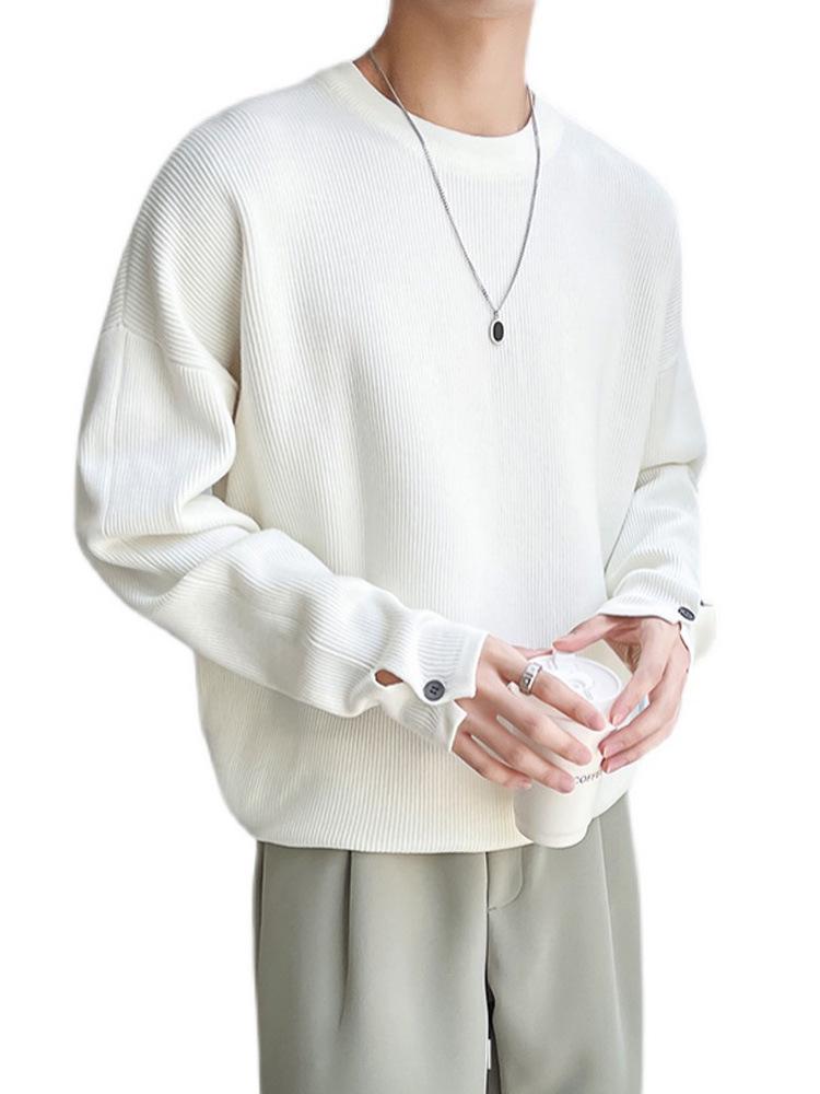 Men's White Round Neck Split-Sleeve Sweater