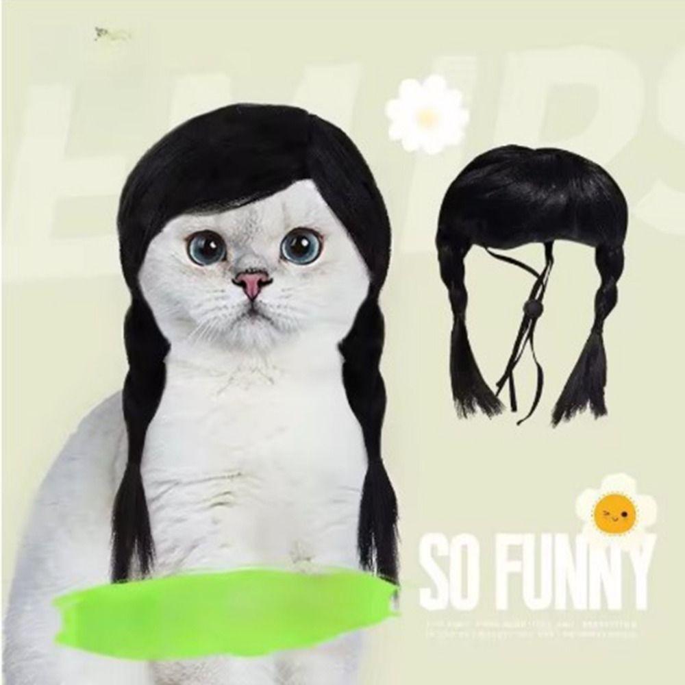 Black Double Ponytail Pet Hairpiece Elastic Strap Cosplay Wig Photo Prop Pet Wig Party Dress Up