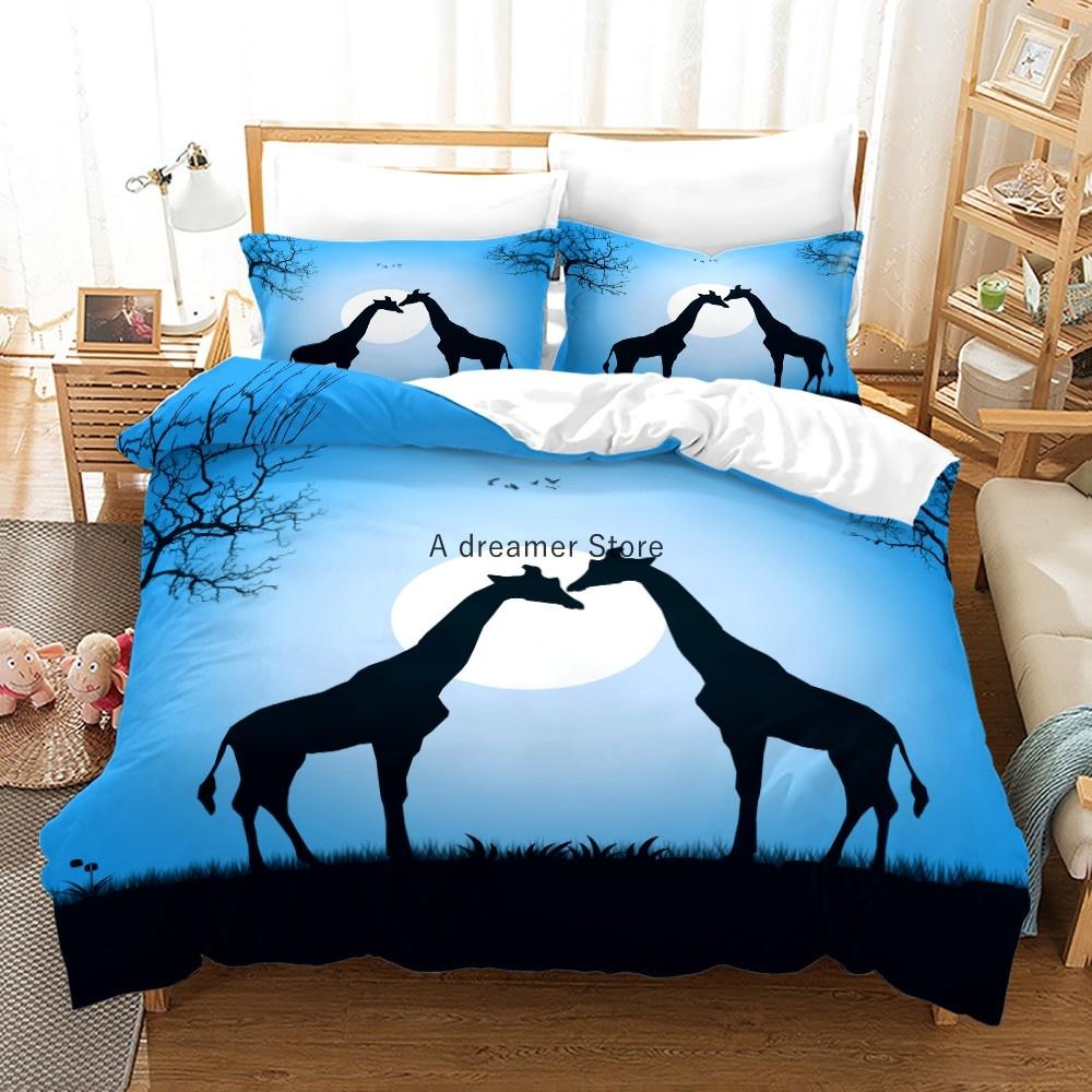 Afrikanische Tiere Giraffe Sonnenuntergang Bettwäscheset 3D Bettbezugset Tagesdecke für Jungen Mädchen Kinder Heimtextilien Mikrofaser Tagesdecke