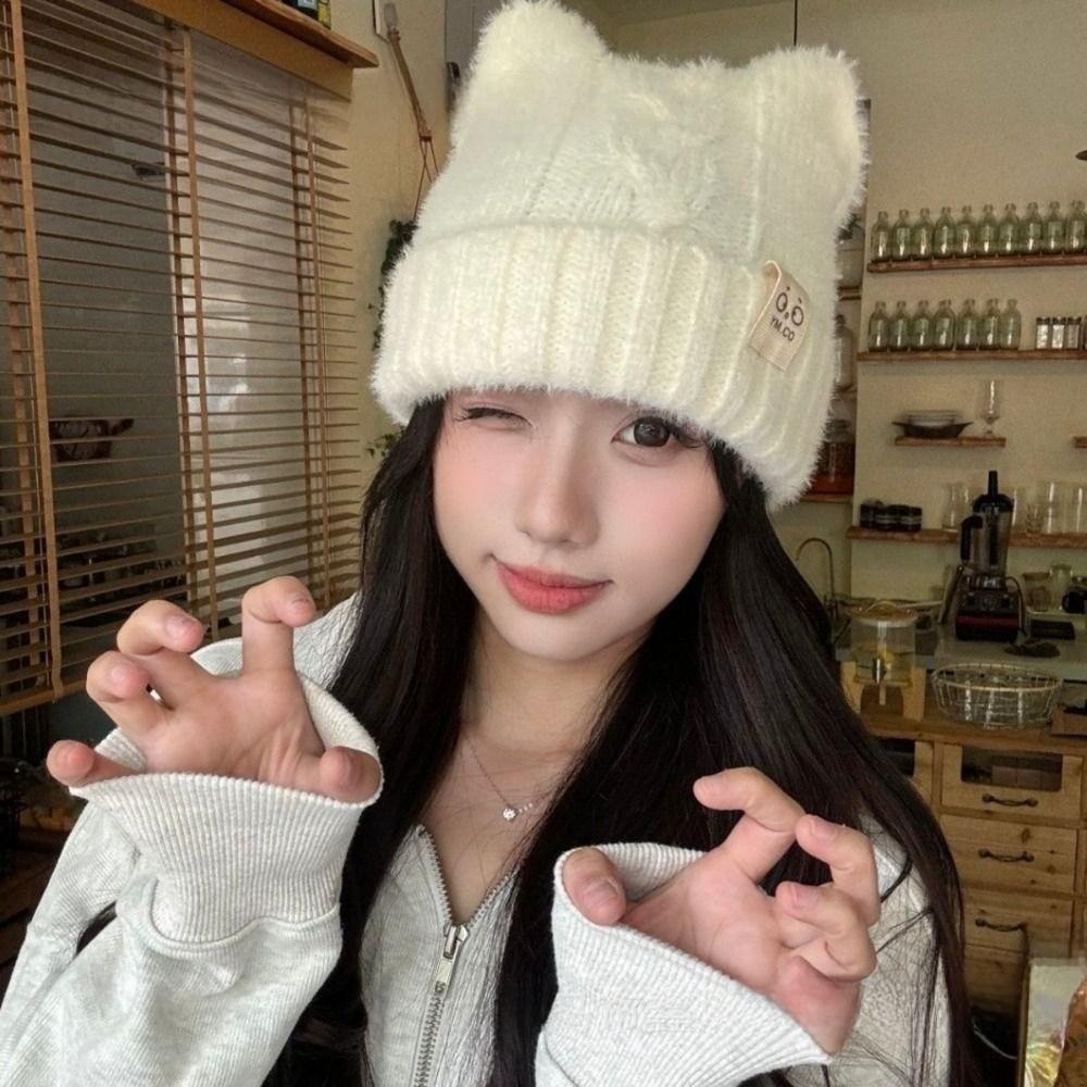 Cold Proof Knitted Beanie Hat Thermal Winter Skull Cap Fashion Cat Ear Beanie Daily Wear