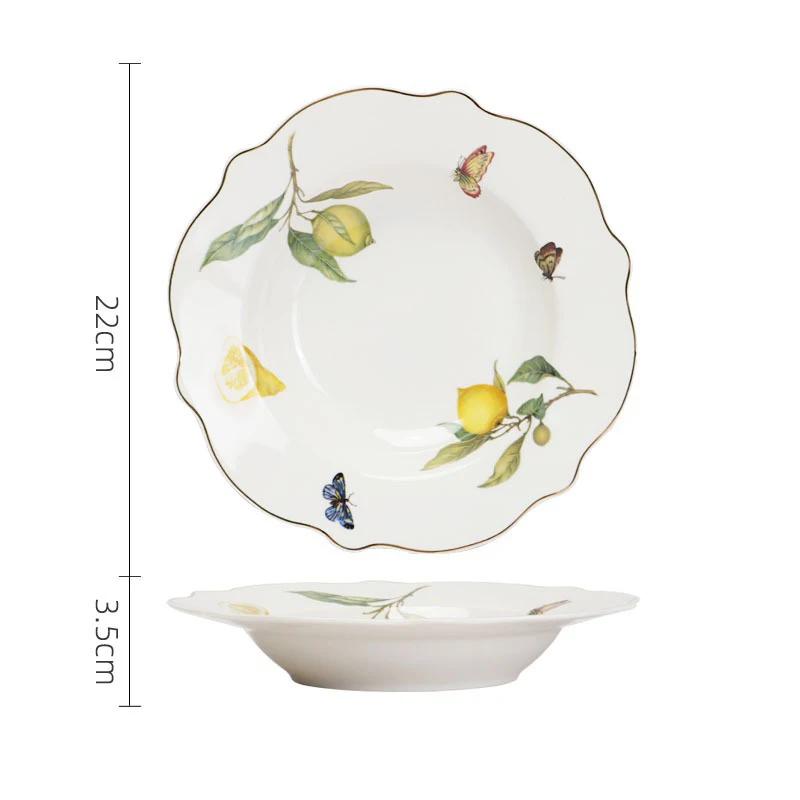 Europeanc Style Ceramic Dining Plate Elegant Lemon Pattern Dinner Steak Plate Coffee Cup Set Western Cuisine Dessert Plate