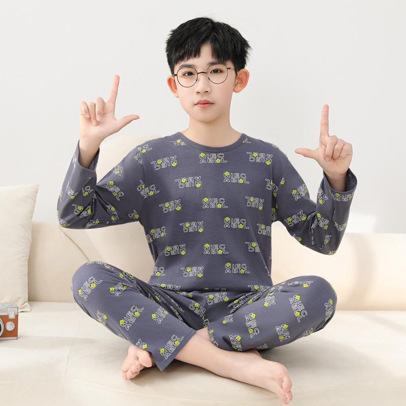 Boys' Long Sleeve Cotton Pajama Set for Summer with Air Conditioning Suit