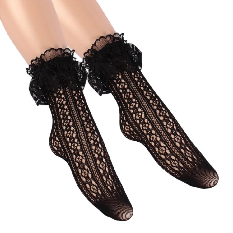 Fishnet Mesh Black Ankle Socks for Women Hollowout Geometric Patterned Ruffle Frilly Lace Trim Short Dress Socks Hosiery