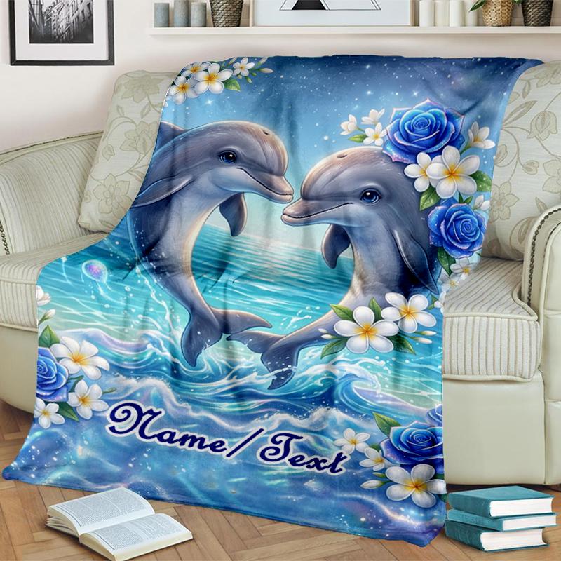 1PC Custom Name Dolphins Heart Shape flannel blanket versatile,all-season throw suitable for the living room,bedroom,camping,travel,and gift
