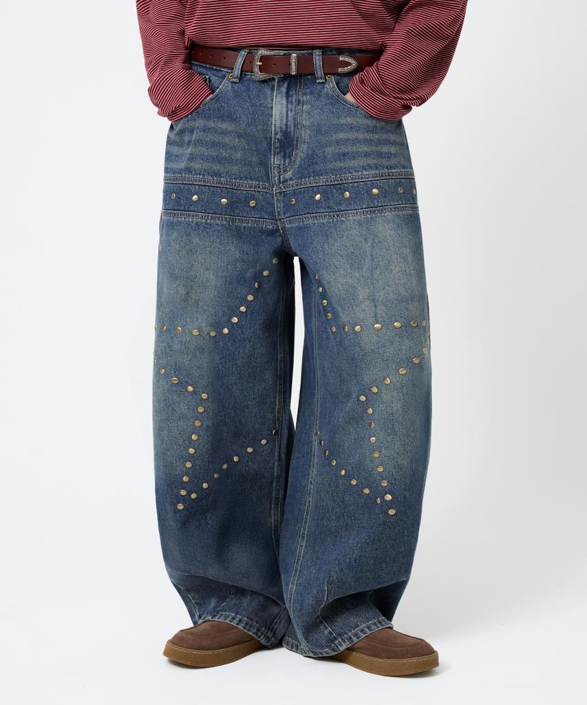 TRILLION Star Hot Fix Balloon Fit Washed Denim Pants_3Color