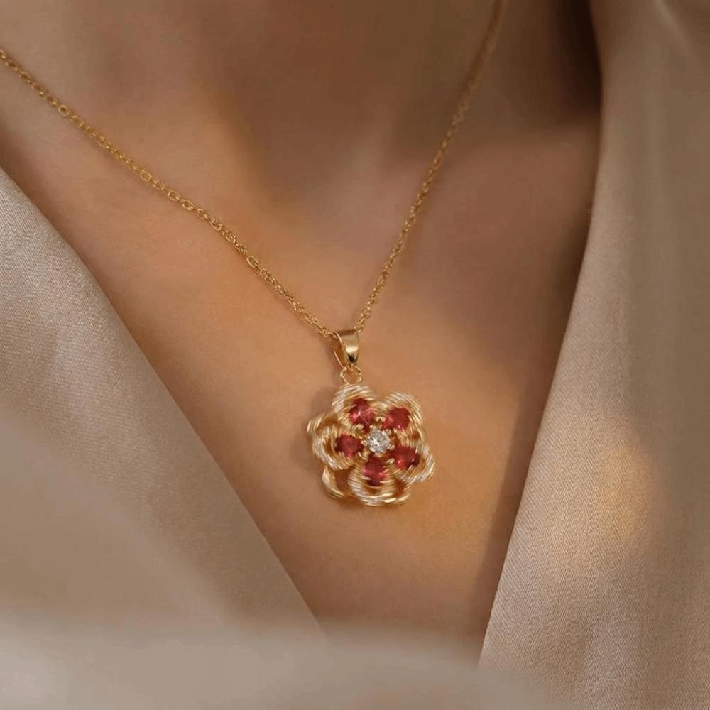 Sweet Zircon Pendant Necklace Shiny Petal Gold Necklace Gifts Rotatable Flowers Choker  Wedding