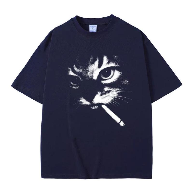 Funny Meme Smoking Cat Face Graphic T-shirts Men Women Casual Vintage T Shirts Men's Oversized T-shirts Cats Lovers Gifts