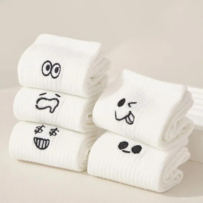 5 Pairs Autumn Women's Warm Socks White Kawaii Fun Socks Embroidery Pattern Women's Sports Socks