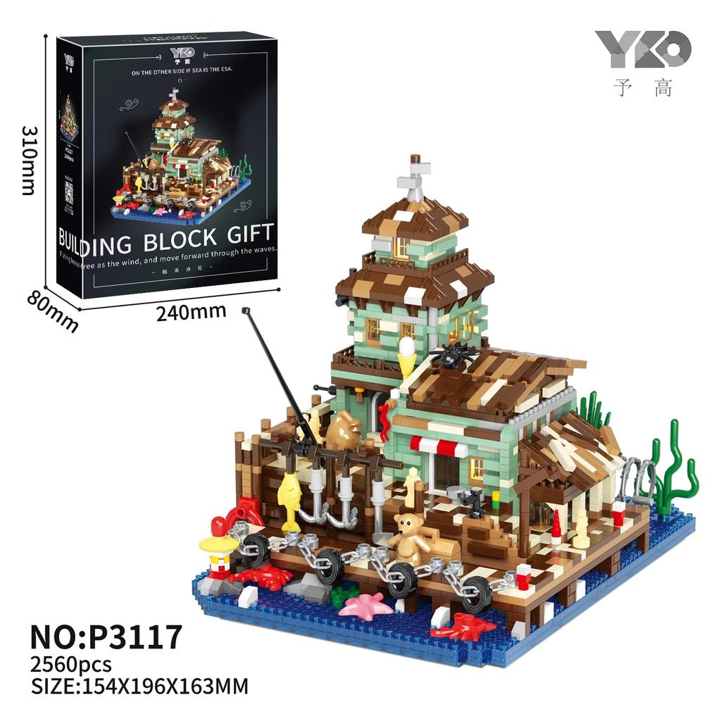 Fishing Village Cabin Micro Building Blocks Fish House Street View City Creative DIY Pier Set Mini Bricks Toys With Light