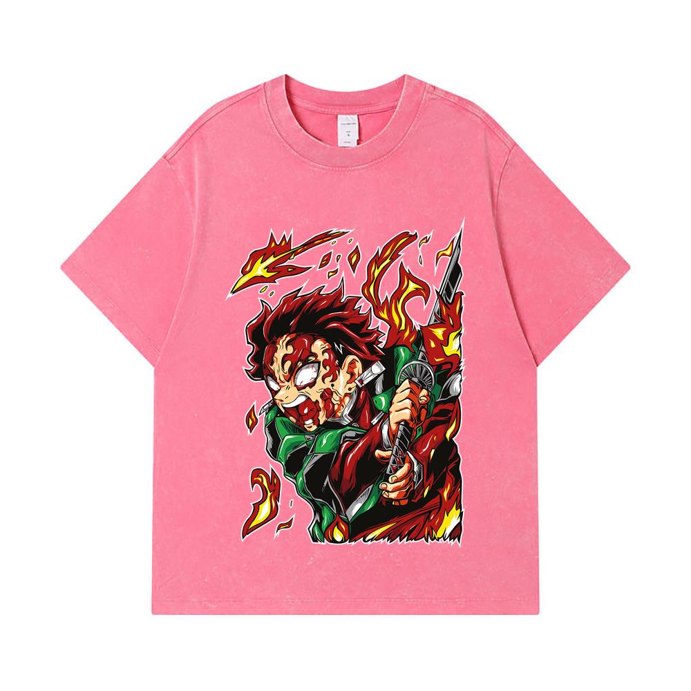 275 GSM Washed T-shirts 100% Cotton Demon Slayer V101 Tanjiro Print Unisex Heavy Cotton T Shirt