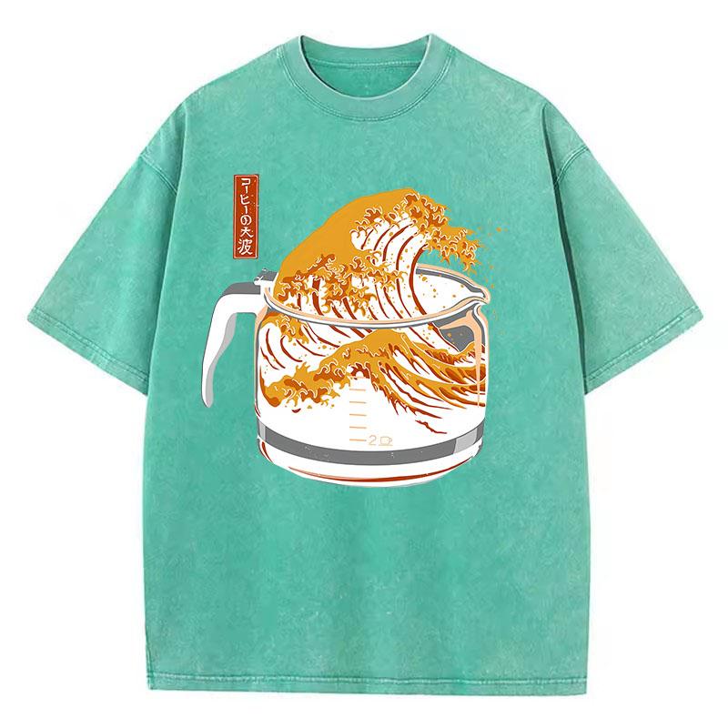 Retro T Shirt Vintage Washed Cotton TShirt Japanese Style Wave Graphic Tee Casual Streetwear Spring Summer