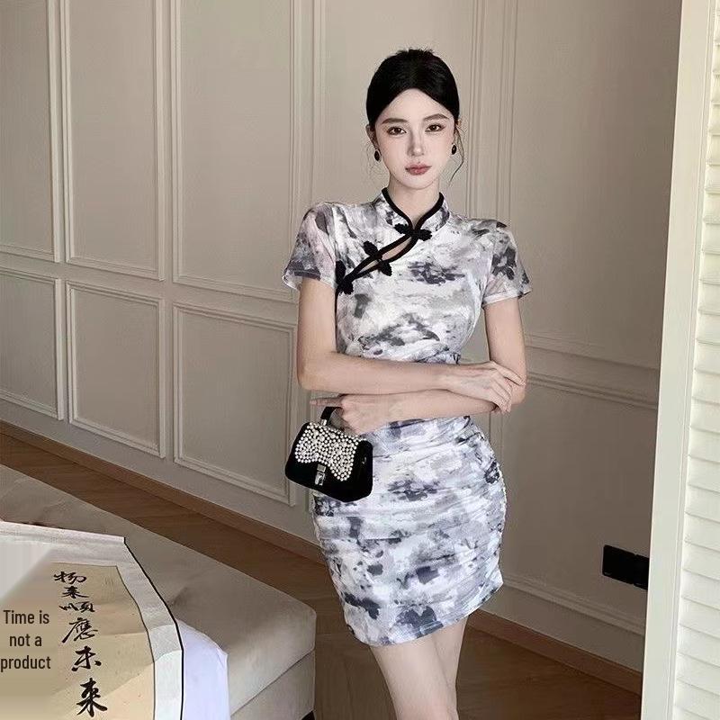 Retro Tie-Dye Graffiti Cheongsam Dress with Frog Buttons - Women's Summer Slim Waist Short Skirt