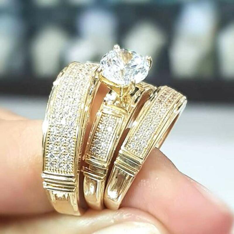 Huitan Nieuwe Trendy Liefdeskoppelringen Dames/Heren Bruiloft Luxe Accessoires Goudkleur Set Ringen Mode Sieraden Drop Ship