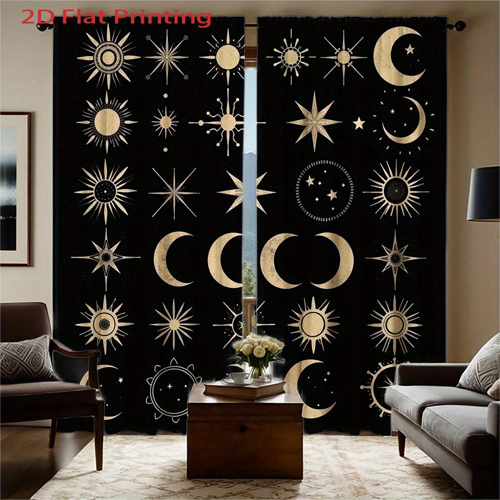 2pcs Celestial Curtains - Golden Sun   Moon   Stars & Planets Print On Black Background   Semi-Sheer Flannel Window Drapes with Rod