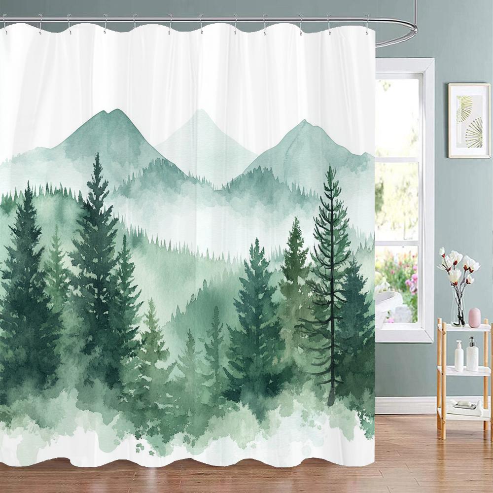 1Pc Natural Landscape Shower Curtain, Bathroom Decorative Shower Curtain, Printed Polyester Fabric Shower Curtain With Hooks
