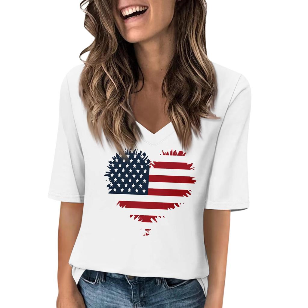 Magliette da donna con scollo a V, top a maniche corte, stampate per la festa dell'Indipendenza, casual estive, maglietta, camicetta