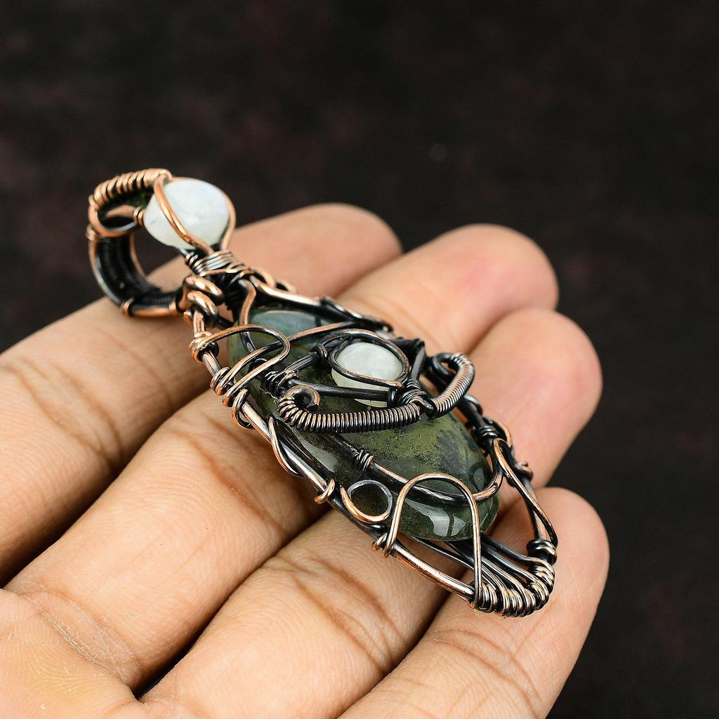 Evil Eye Bloodstone Gemstone Copper Wrapped Pendant Handmade Pendant Rainbow Moonstone Pendant Evil Eye Jewelry Gift For Her Copper Jewelry