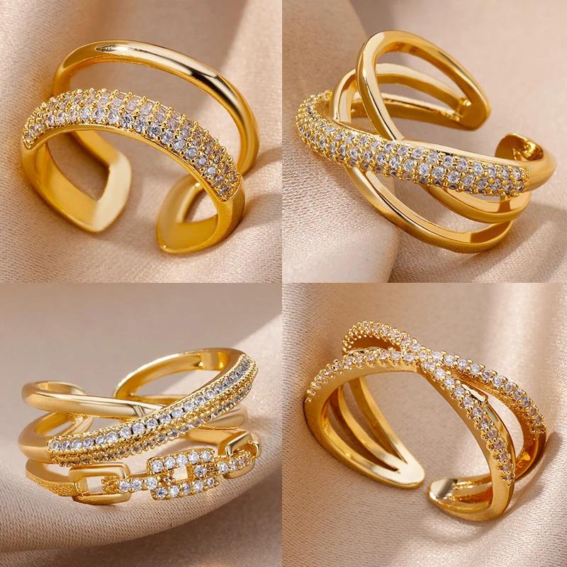 Vintage Geometric Zircon Rings for Women Stainless Steel Gold Color Punk Open Finger Ring Aesthetic Wedding Jewelry bague femme