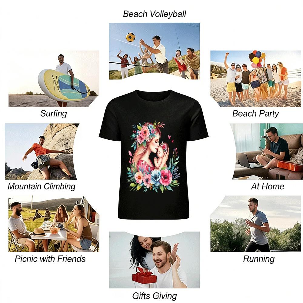 Gentle Mother Baby Embrace Floral Print Casual T-shirt Pure Cotton T-shirt