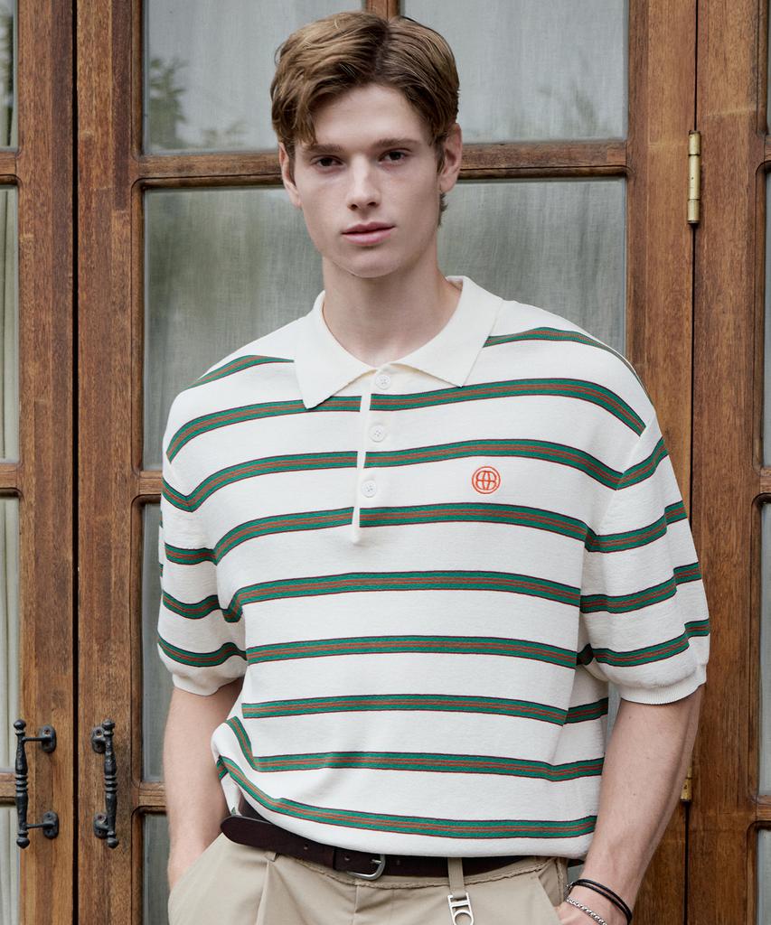DTHIRTYONE Color Striped Short Sleeve Collared Knit (Green)