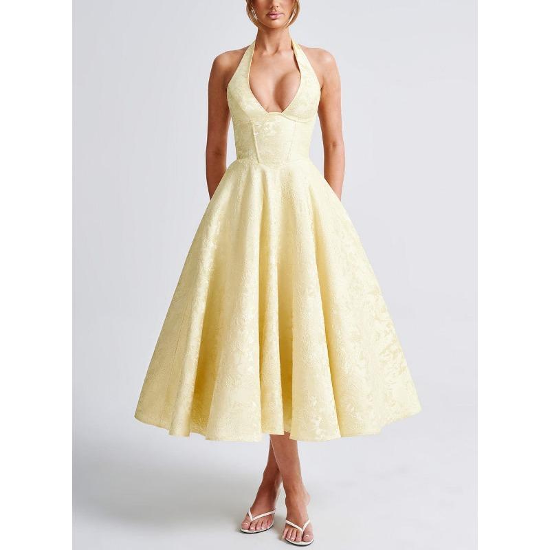 Robe de soirée longue élégante et sexy à col bénitier en V, taille haute, coupe évasée