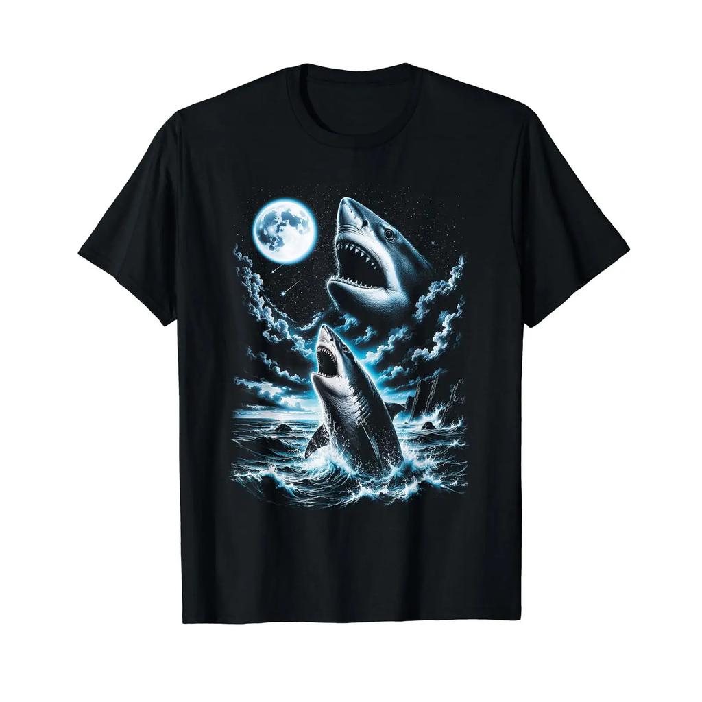 Shark Howling On The Moon Funny 90s Meme Affordable Graphic T Shirt Vintage Washed Homme Comfortable Slightly Streetwear Casual