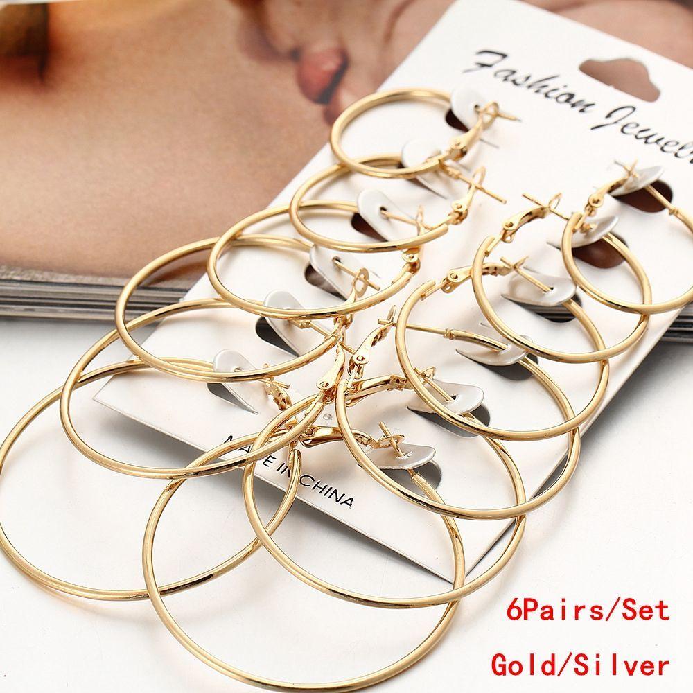 6Pairs/Set Silver Fashion Party Piercing Hoop Earrings Set Jewelry Dangle Ear Stud