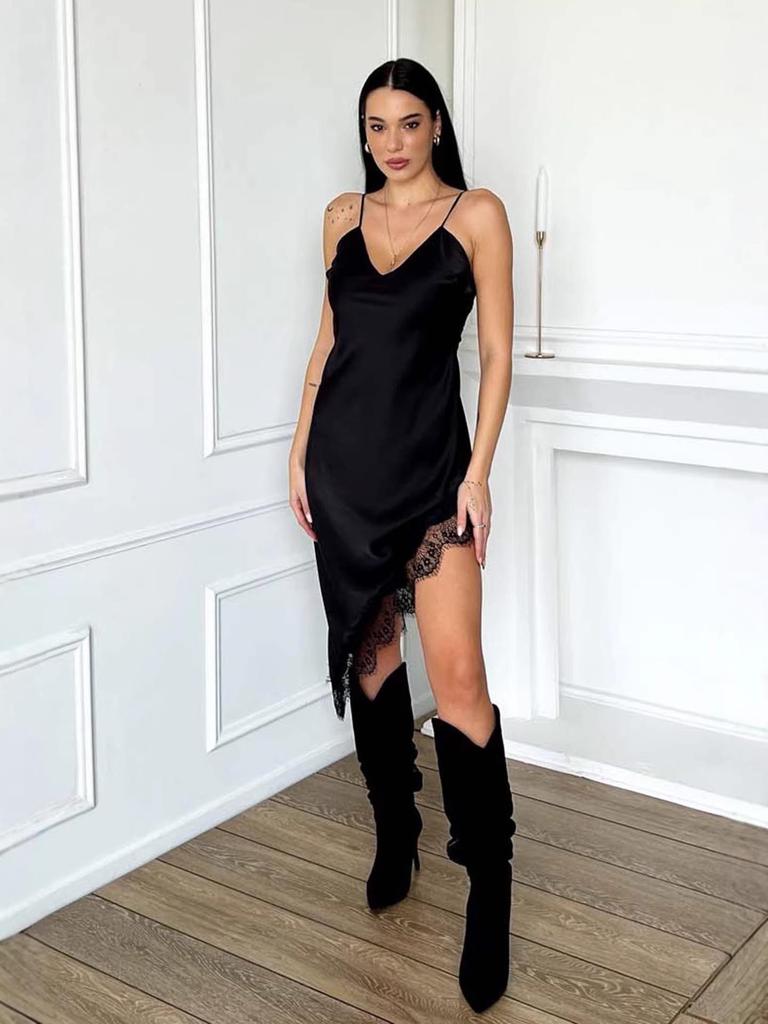 S32370 Off-shoulder V-neck Backless Color Block Lace Camisole Silk Satin Dress
