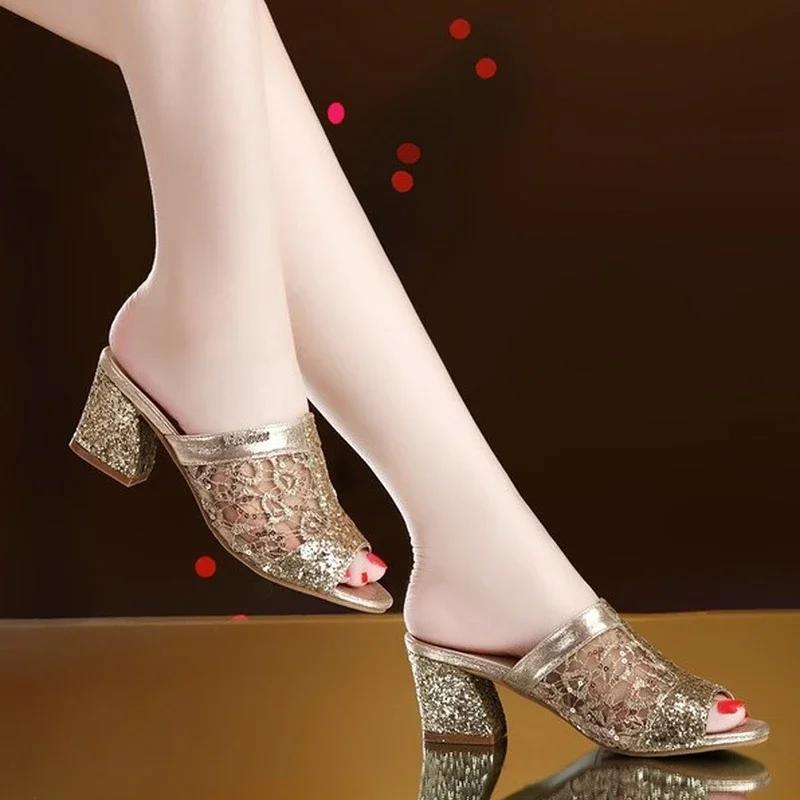2024 Sandals Woman Summer Sandals Open Toe Sandal Lace Dress Shoes Women’s High Heels Sandals Square Heeled Pumps Ladies Shoes