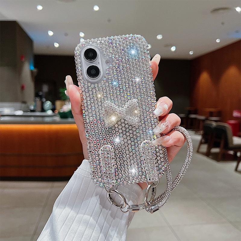 Premium Flash Diamond Bow Lanyard Mobile Phone Case Is Suitable for Apple 17Promax Women's Iphone16 Protective Case.
