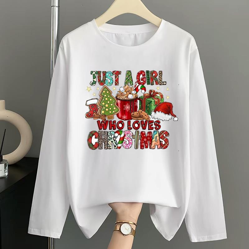 (Asian Size) Christmas New Year Graphic Tee Women Autumn Winter Spring Casual Fashion Top O-neck Clothing Print T Shirt Long Sleeve T-shirts