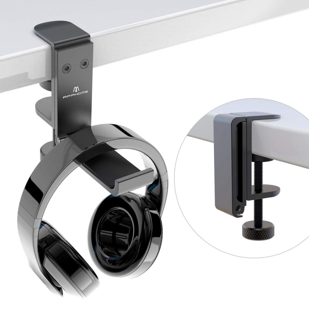 APPHOME Improved Version Headphone Hanger Holder Aluminum Clamp Black Under-Desk Stand, Alloy, Type, Foldable, (1pc)
