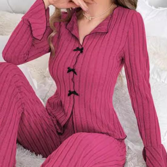 Dammode 2-delat Loungeset Ribbat Knäppning Nedåt Kavajkrage Rosett Pyjamasset Långärmad Mjuk Bekväm Pjs Sovkläder