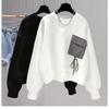 Women's Spring Crewneck Pocket Tie Long-sleeved Sweatshirt Is Loose and Slim with Panelled Tops