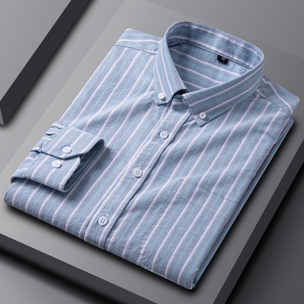 New In Shirt 100%cotton Oxford Plaid Long Sleeve Shirts for Man Slim Fit Formal Plain Shirt Soft Striped Casual Elegant Clothes