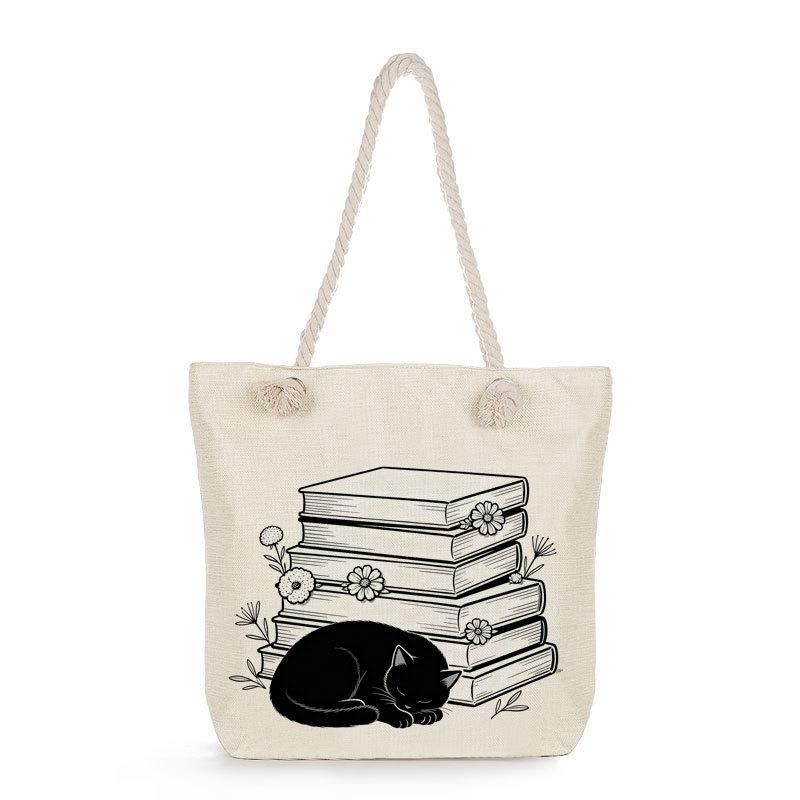Multifunctional Black Cat  Printed Thick Rope Shoulder Beach Bag 7579 KTB