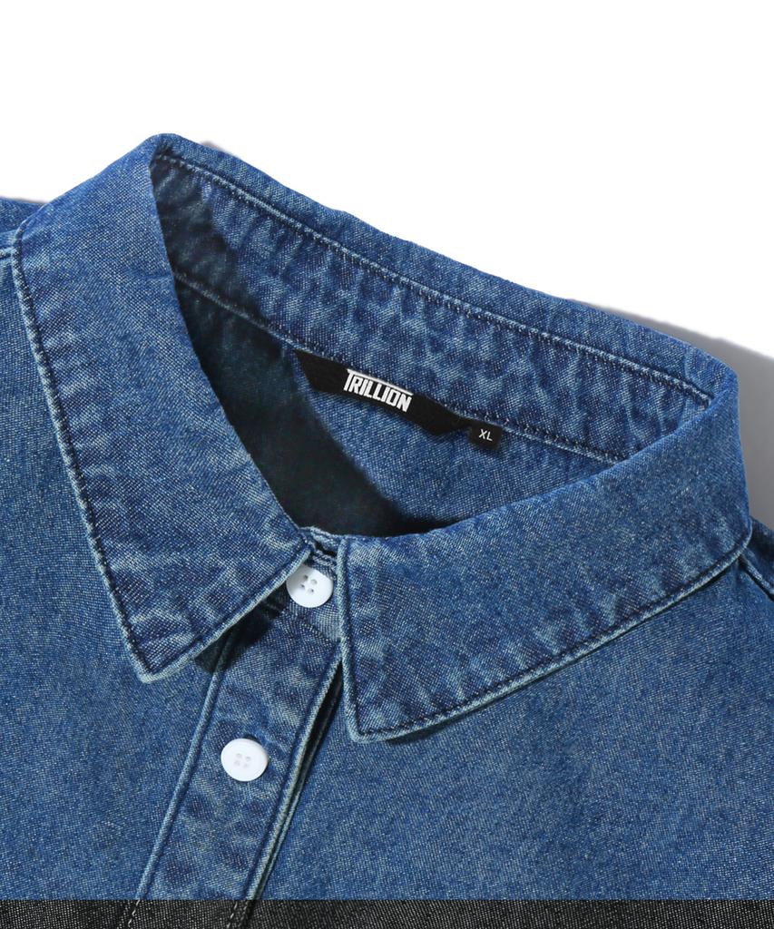 TRILLION Stone Washed Oversized Denim Long Sleeve Shirt (Middle Blue)