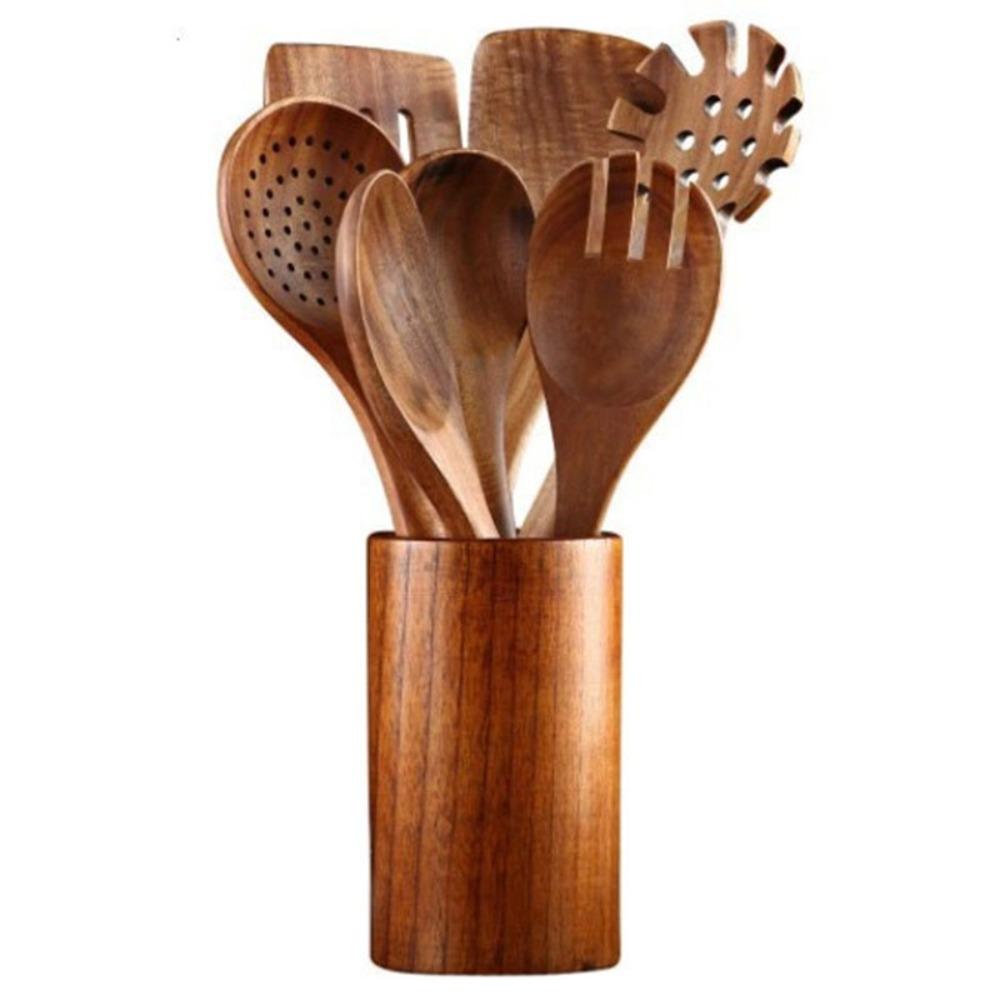 4-8pcs Wooden Cooking Spoon with Storage Bucket Natural Material Kitchen Utensils Set Durable Unbreakable Kitchen Shovel Set