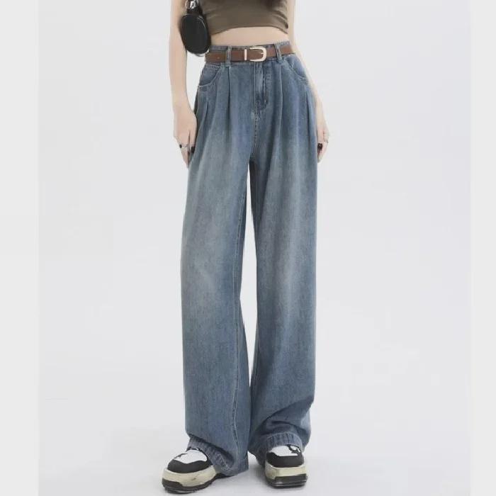 High-Waist Wide-Leg Jeans for Women - Spring/Summer Hong Kong Style, Loose Fit, Floor-Length, All-Match.