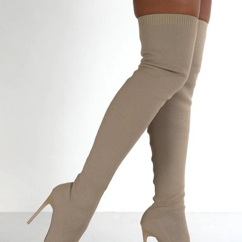 Mode 2025 Damen Socken Über Knie Damen Stiefel Stretchstoffe Hoher Absatz Slipper Spitzschuh Frau Lange Stiefel Größe 36-43