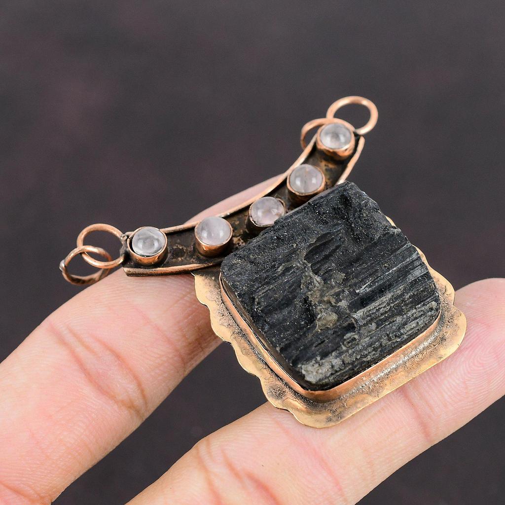 Black Tourmaline Rough Pendant Rose Quartz Pendant Copper Pendant Natural Gemstone Pendant Copper Jewelry Gift Handmade Rough Stone Jewelry