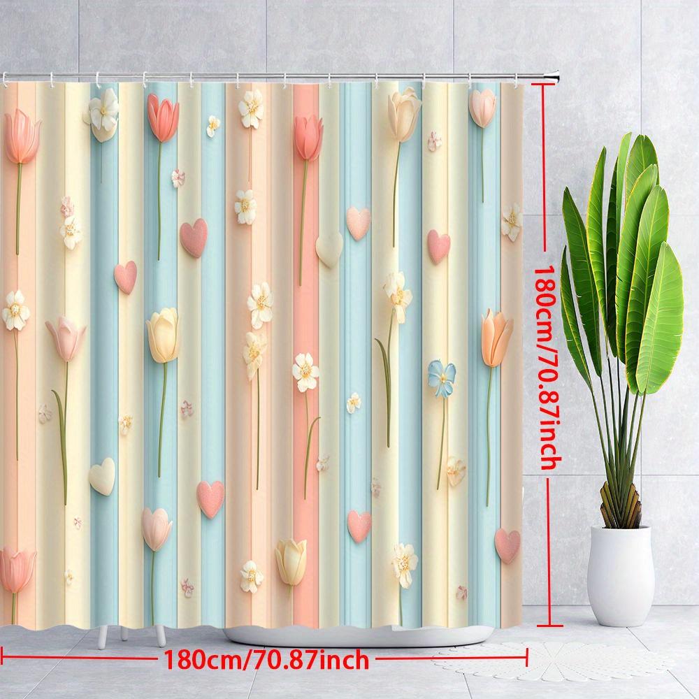 1pc Pastel Stripes Shower Curtain - Flowers & Hearts, Vertical Tulips & Daisies, Playful & Romantic, Polyester,Bathroom Decor