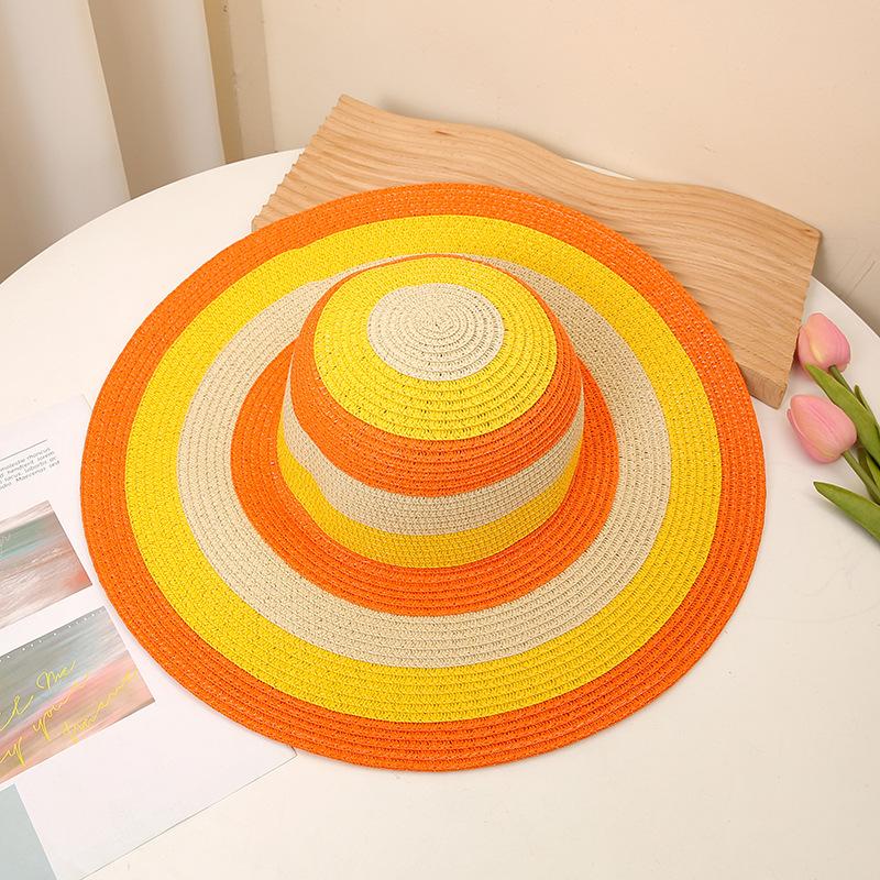 Rainbow Striped Oversized Sun Hats Trendy Color Block Straw Hat Foldable Travel Beach Hats for Women Girls Summer Outdoor
