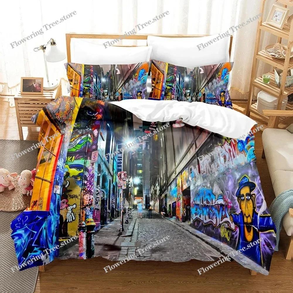 Graffiti Duvet Cover Set KingQueen Size Kid Boys Youth Modern Wall Urban Street Art Painting Polyester Bedding Set Pillowcases