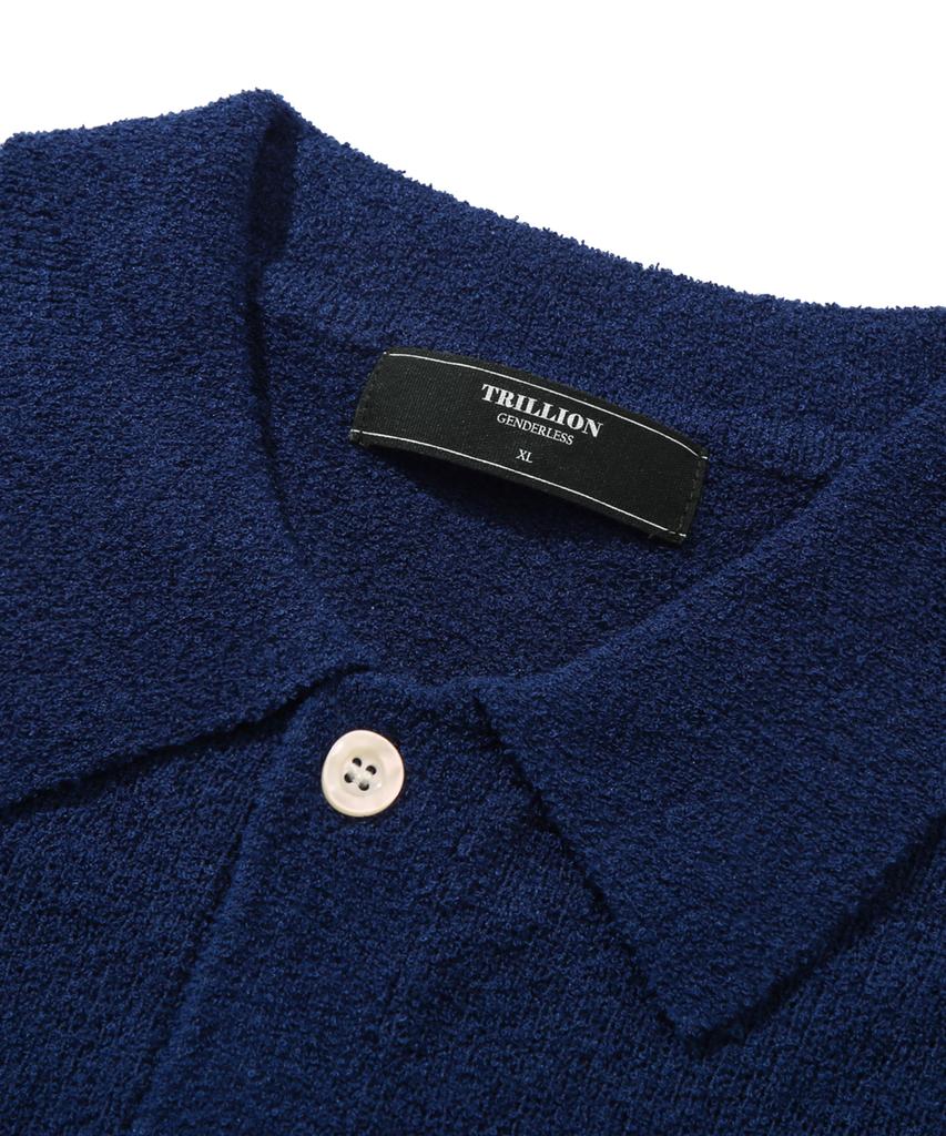 TRILLION Washable Boucle Collar Short Sleeve Knit (Current Navy)