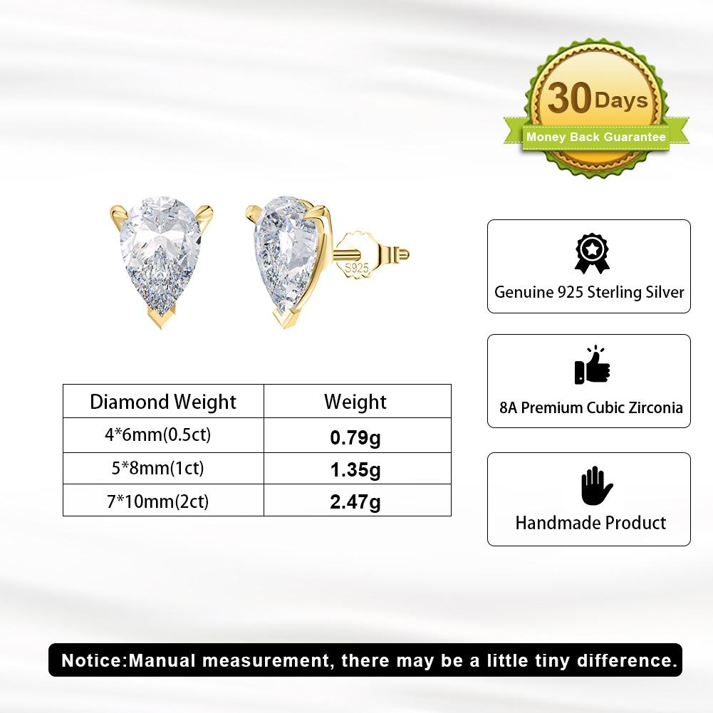 RINNTIN LZE02 Fine Jewelry Earrings 925 Sterling Silver 14k Gold Plated 8A Premium Cubic Zirconia Pear Cut Stud Earring