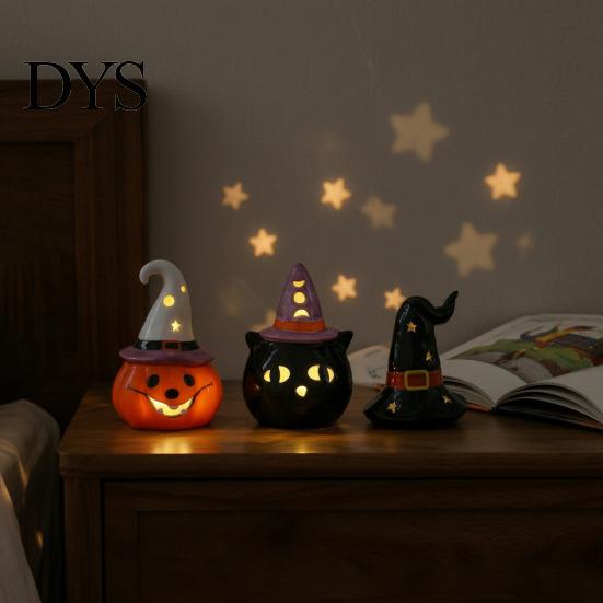 Keramik Geist Kürbis Licht Halloween Teelichthalter, Beleuchtete Figur mit Innen Party Atmosphäre Lampe Hexenhut, Mehrstufige Ablage Tischdekoration